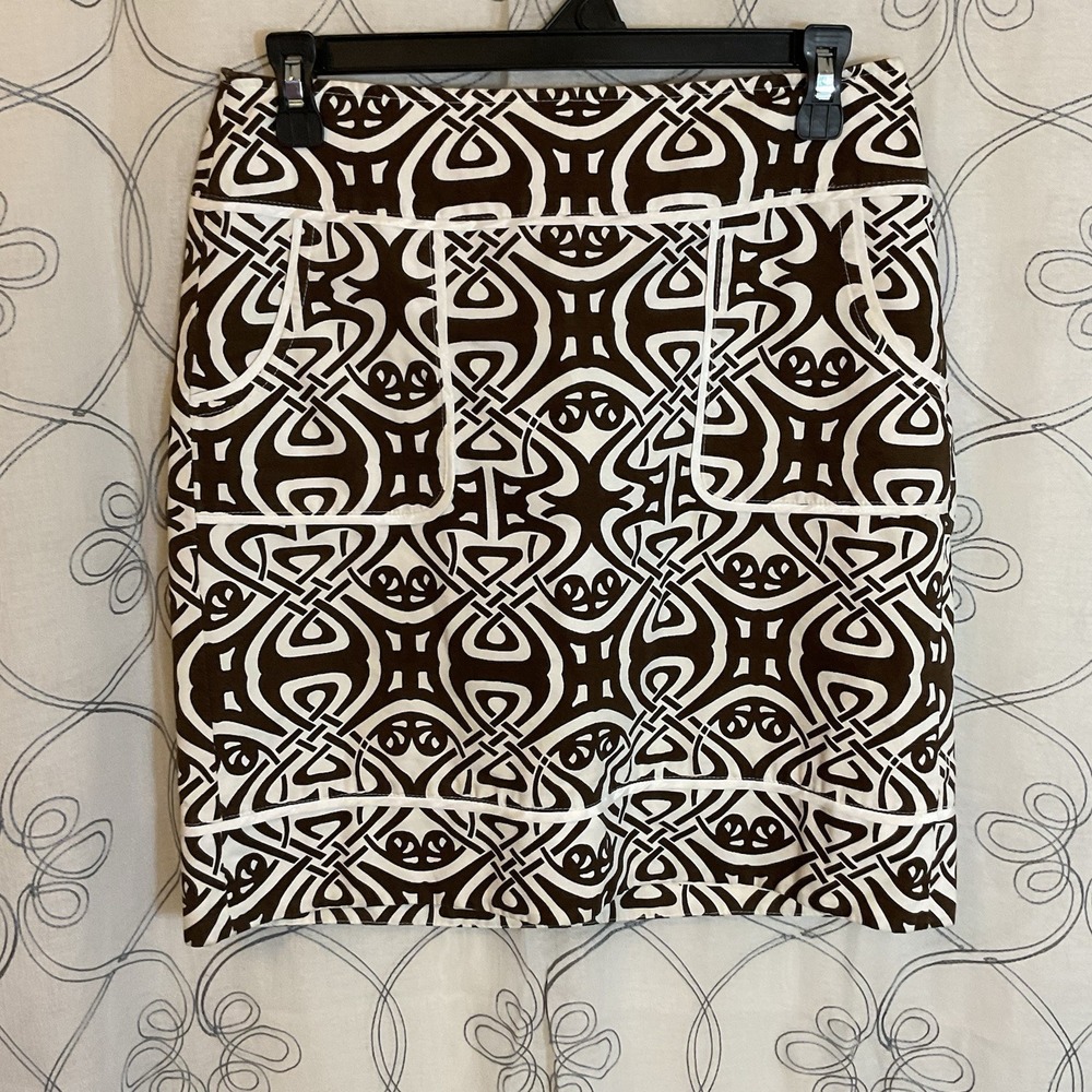 Women's Ann‎ Taylor Brown White Pencil Skirt Side Zip Lined Pockets Size 4